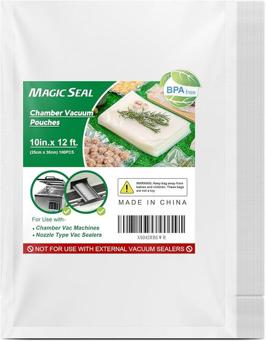 MAGIC SEAL Chamber Vacuum Sealer Bags - 10 x 12 Inch Smooth Vacuum Seal Bags for Food Storage, BPA Free, Pack of 100 Pre-Cut, Non-Textured, NOT Compatible with FoodSaver-Type Vacuum Sealers