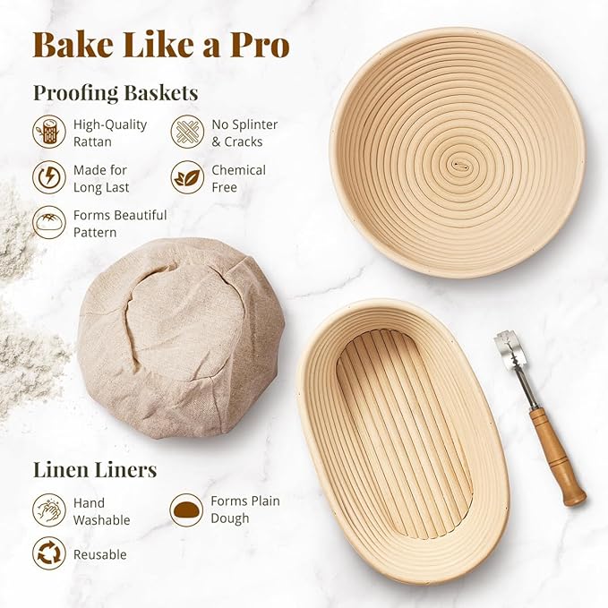 Sourdough Starter Kit, Sourdough Bread Baking Supplies with 2 Pcs 9" Round Banneton Bread Proofing Baskets, Dough Scraper, Dough Whisk, Bread Lame, Silicone Sling, Spatula, Powder Dredger