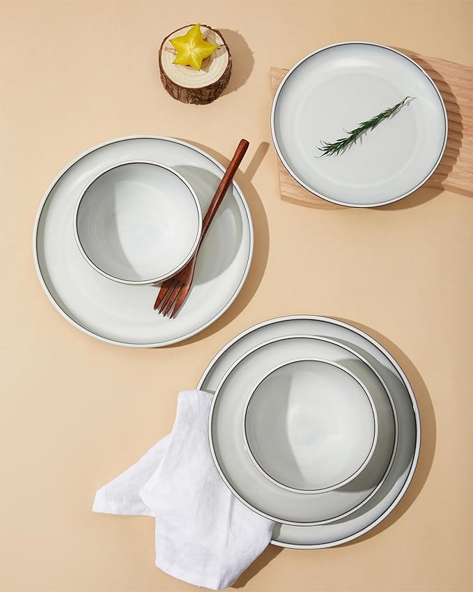 16 Piece Double Bowl Dinnerware Sets with Pasta Bowls, Highly Chip and Crack Resistant Plates and Bowls Sets, Natural Earthyware Ceramic Dishware Sets, Service for 4 Moonstone White