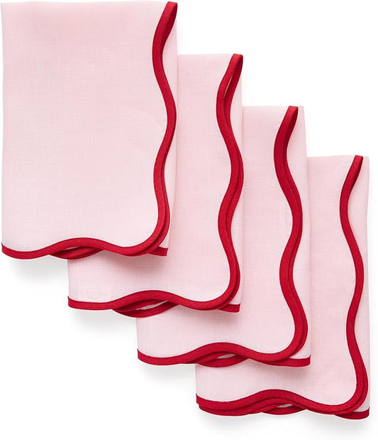Solino Home Scallop Linen Napkins Set of 4-100% Pure Linen Red and Pink Dinner Napkins Cloth 20 x 20 Inch - Giselle Scallop Edge, Handcrafted and Machine Washable