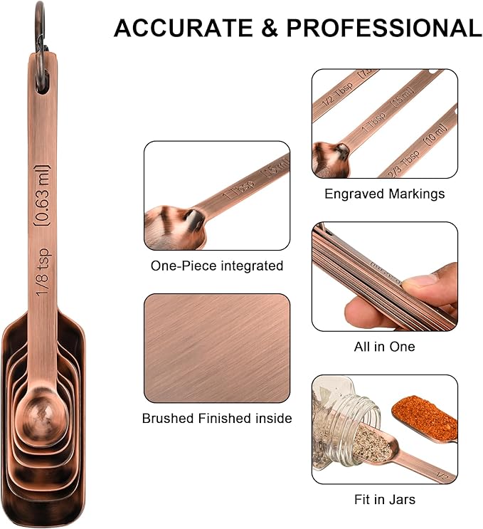 Copper Measuring Cups and Spoons Set of 18, 7 Copper Measuring Cups, 9 Copper Measuring Spoons, Stainless Steel Measuring Spoons and Cups for Dry & Wet Ingredients During Kitchen&Baking