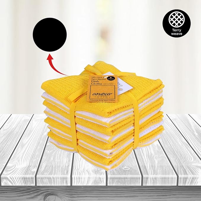AMOUR INFINI Dish Cloths for Washing Dishes Set of 8 - Highly Absorbent, Super Soft Kitchen Dishcloths - Reusable Quick Dry Dish Rags for Cleaning & Drying Kitchen Linens (12x12 Inch - Yellow)