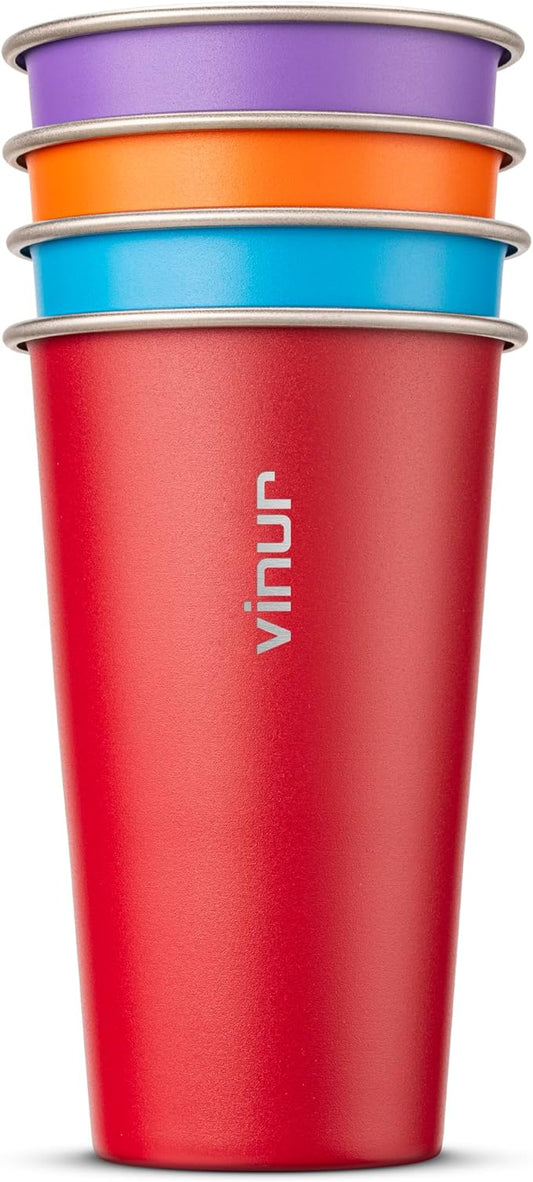 VINUR 20 oz Stainless Steel Cups 4 Pack Pint Tumbler Stackable Metal Drinking Glasses for Travel, Camping, Outdoors (Purple-Orange-Sky Blue-Canyon Red)