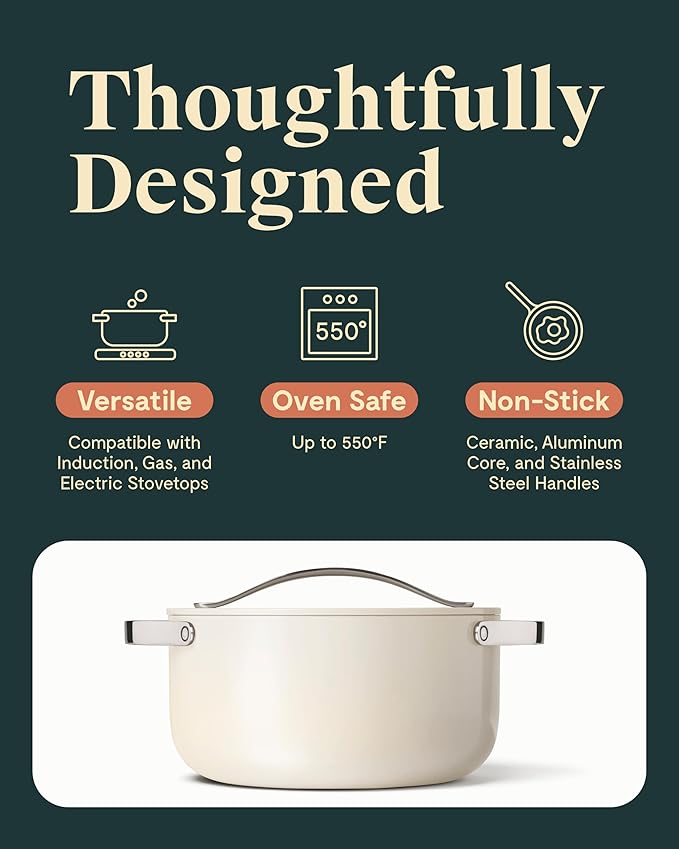 Caraway Dutch Oven Pot with Lid (6.5 qt, 10.5") - Non-Stick Ceramic Coating - Free From Forever Chemicals - Oven Safe & Stovetop Agnostic - Cream