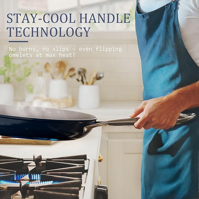 Nonstick Ceramic Frying Pan 10 Inch Induction Compatible - Non Toxic, PTFE/PFOA/PFAS Free, Oven & Dishwasher Safe up to 500°F - Non Stick Small Skillet with Stay-Cool Handle - Navy Blue