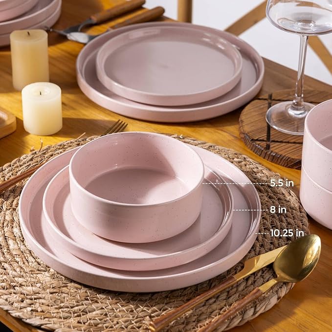 AmorArc Ceramic Dinnerware Set for 8 | Speckled Stoneware Plates and Bowls with Rustic Terracotta Underside| Scratch Resistant,Dishwasher & Microwave Safe Dishes Sets- 24pcs Pink
