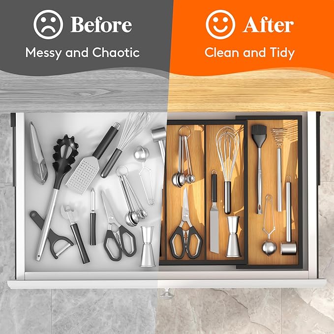Lifewit Utensil Organizer for Kitchen Drawer, Bamboo Cooking Utensil Tray, Expandable Cutlery Silverware Flatware Holder, Adjustable Spatula Tools Gadgets Storage Divider, Large, Natural and Black