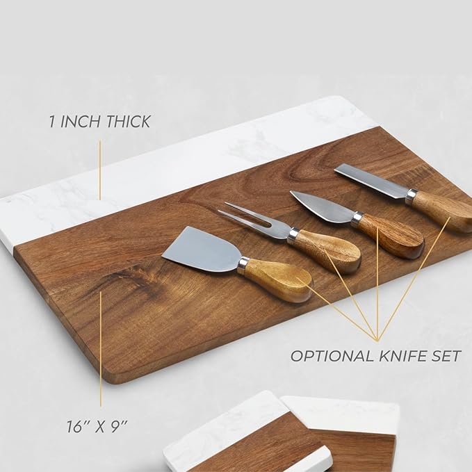 HomeWetBar Personalized Acacia Charcuterie Board With cheese Knives | Custom 16" x 9" White Marble & Acacia Wood Cheese Board | Perfect Housewarming + Wedding + Couples Gift Idea