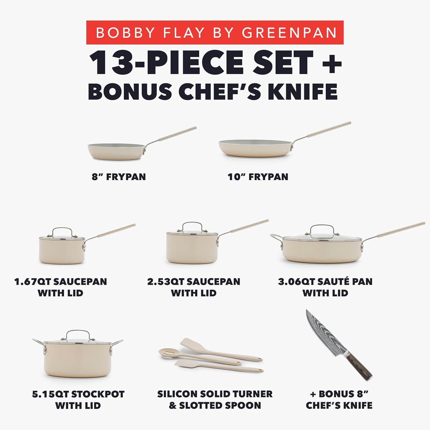 GreenPan x Bobby Flay 13 Piece Cookware Pots and Pans Set and 8" Chef's Knife. PFAS & PFOA-Free Ceramic Nonstick, Induction Suitable, Stay-Cool Silicone Handle, Dishwasher & Oven Safe, Cream