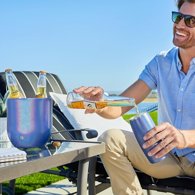 SNOWFOX Premium Vacuum Insulated Stainless Steel Ice Bucket with Lid/Tongs, Non-Rubber Bottom, Home Bar Accessories, Bartending Ice Buckets for Parties, Outdoor Entertaining Supplies, 3L, Marble