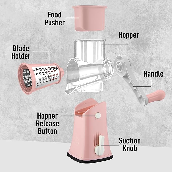 Zulay Kitchen Rotary Cheese Grater 5 Blade Cheese Shredder - Manual Hand Crank Cheese Grater With Reinforced Suction & 5 Interchangeable Drums - Easy to Use, Vegetable Chopper Round Mandoline Slicer