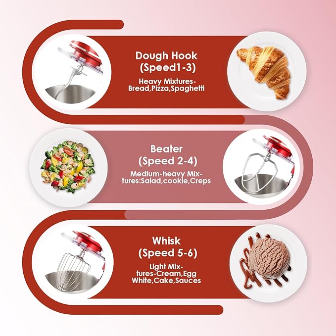 Kitchen in the box Stand Mixer - 6.5 Quart Mixing Bowl with Handle, 900 Watt Powerful Heavy Bread Dough Mixers Tilt-head with Dough Hook, Whisk, Flat Beater and Splash Guard (Red)