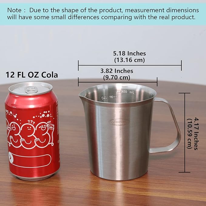 Newness Stainless Steel Measuring Cup, Metal Measuring Cup with Handle (Upgraded, 3 Marking Including Cup/ML/Ounce Scale), 16 Ounces (0.5 Liter, 2 Cup)