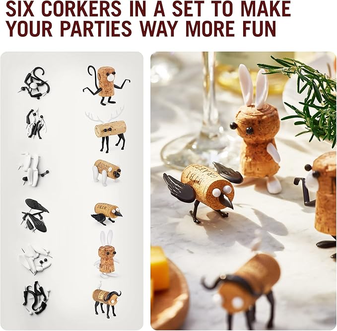 Corkers Animals Wine Accessories by Monkey Business, Collectible Novelty Gift, Pack of 6 Different Figurine Crafting Parts for Corks