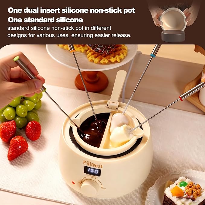 Chocolate Melting Pot, Electric Candy Melter with 2 Non-Stick Silicone Bowls, Digital Display for Real-Time Temperature Control, Fondue Warmer Set for Dipping Chocolate, Cheese, Candy & Cake Pop