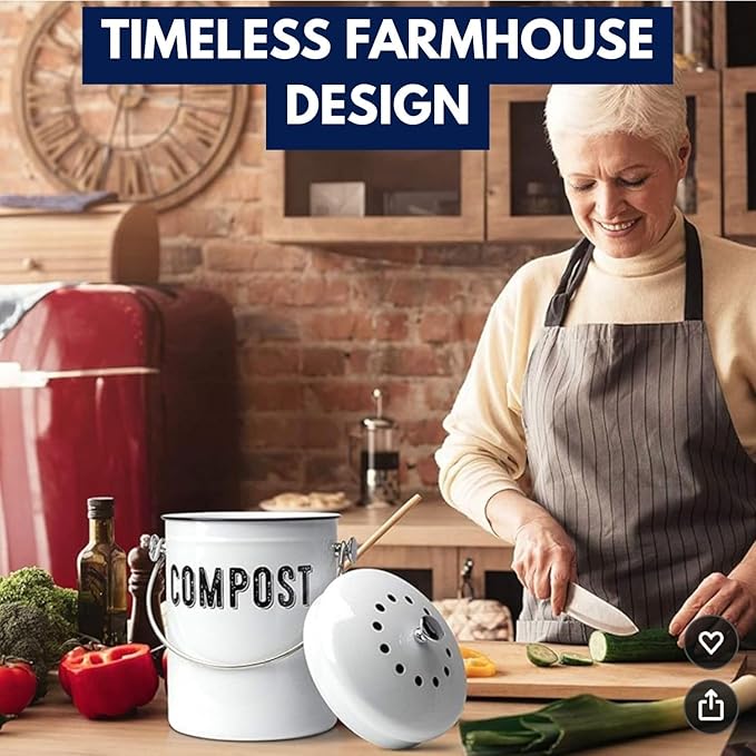 Granrosi Countertop Compost Bin Kitchen - 1.3 Gal Indoor Compost Bucket with Lid for Kitchen; Farmhouse Rust Proof & Odorless Composter Bin for Countertop; 3 Charcoal Filters