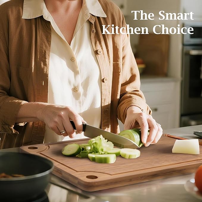 ICEDOG-3-Piece Bamboo Cutting Board Set - Reversible with Juice Groove, Non-Slip Pads - for Meat, Vegetables, Cheese - Pre-Oiled Natural Wood - Kitchen Gift (Brown)