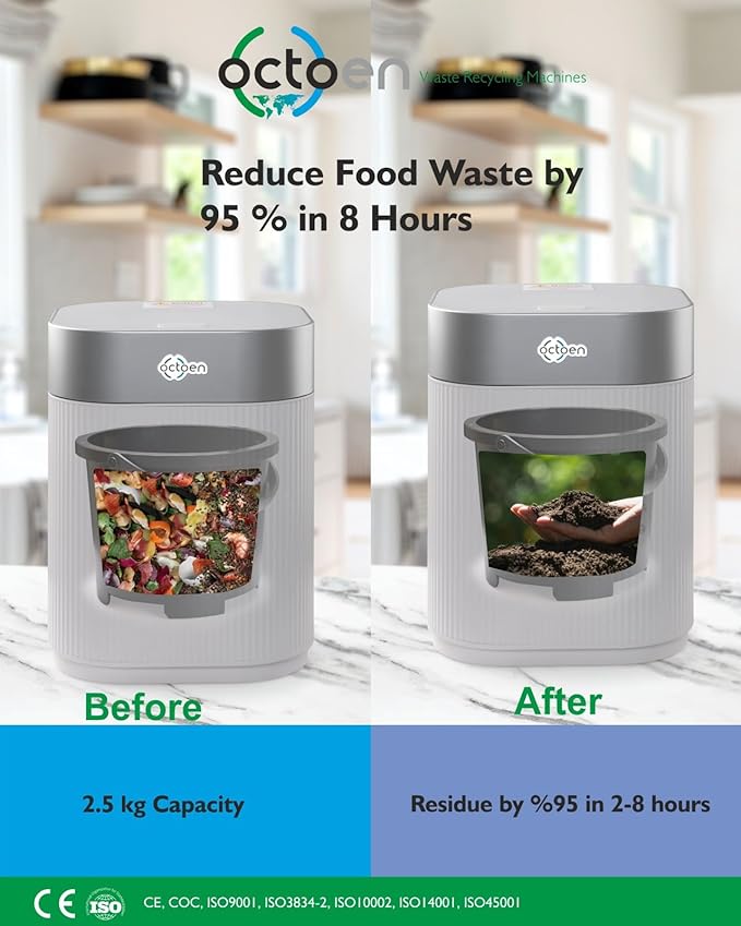 3L Electric Kitchen Composter w/ 2 Free Filters, 3 Modes w/Auto Cleaning UV-C Light Sanitizer, Rapid Conversion Within 2-8 Hours. Indoor/Outdoor, Turn Food Waste to Fertilizer for Garden, by OCTOEN