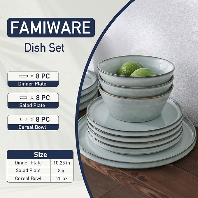 Famiware Plates and Bowls Sets, Annecy Stoneware Dinnerware Sets for 8, 24 Pieces Dish Set, Plate with Lip Edge, Reactive Glaze Tableware - Microwave & Dishwasher Safe, Grey-Blue