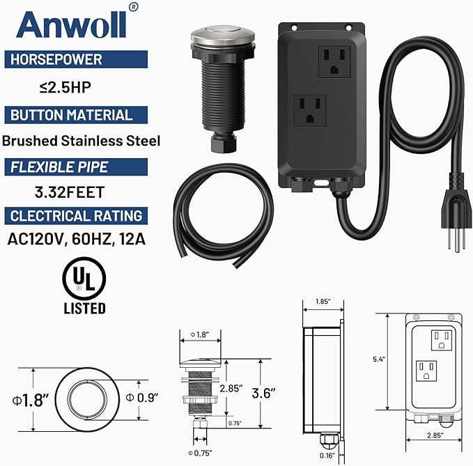 Garbage Disposal Air Switch Kit -Professional- Dual Outlet, Sink Top Waste Disposer On/Off, Garbage Disposal Button, UL Listed