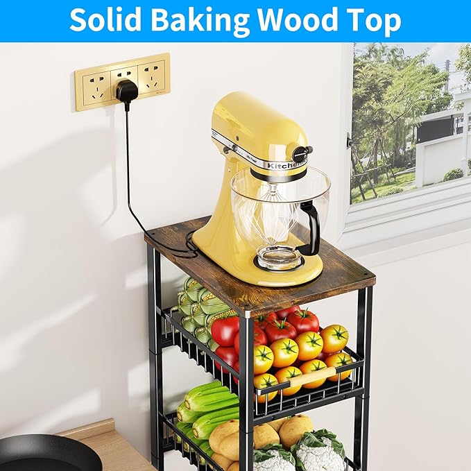 Fruit Vegetable Storage Basket for Kitchen, 5 Tier Large Pull-Out Metal Wire Baskets with 4 Pack Mats Bottom, Wood Top and Wheels, Vegetable Produce Bins Stand Cart Rack for Onions and Potatoes