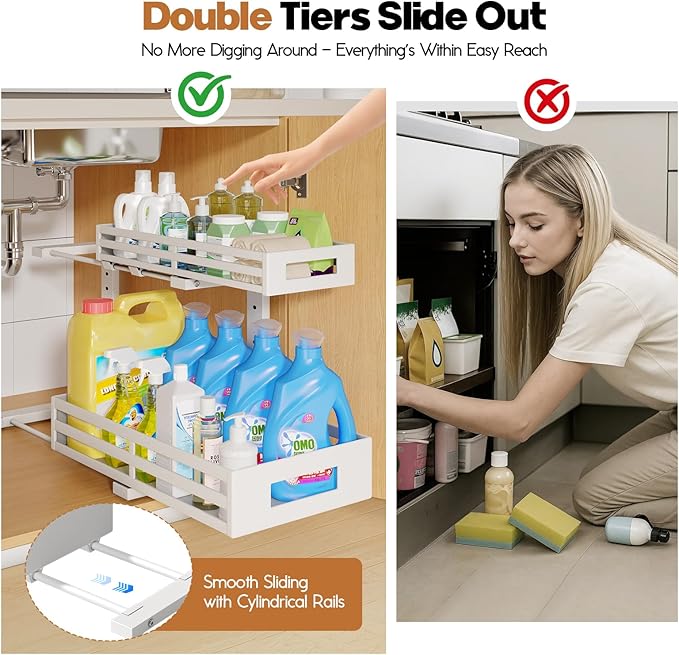 2-Pack 17"Deep Under Sink Organizer And Storage, 2-Tier L-Shaped Pull Out Cabinet Organizer with Upgraded Slide Rails, Height Adjustable Drawers for Kitchen&Bathroom, Extra-Large Storage Shelves–Gray