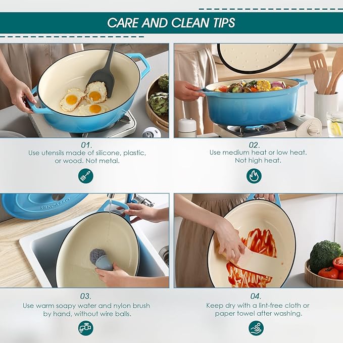 vancasso Enameled Cast Iron Dutch Oven, 9.3 Quart Dutch Oven Pot with Lid, Oval Dutch Oven Cast Iron Pot with Non Stick Coating for Bread Baking, Light Blue