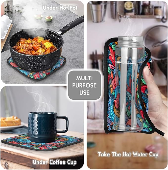 Oven Mitts Pot Holders Set 3 for Kitchen, Retro Flowers Insulation Oven Gloves Heat Resistant Pot Pads Cook Essentials Accessories for BBQ Baking Cooking Kitchen Decor Gifts for Women