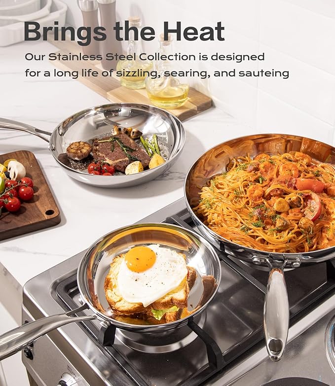 Stainless Steel Frying Pan Sets 6 Piece 8, 10 & 12 Inch with Lids, Oven & Dishwasher Safe Fast and Even Heating Stay Cool Handles Non-toxic PFOA Free Stir Fry Pan Skillets Sets