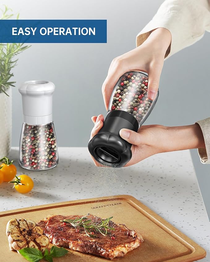 CIRCLE JOY Manual Salt and Pepper Grinder Set For Professional Chef, Refillable Salt and Pepper Shakers with Ceramic Blades, Adjustable Coarseness and BPA-free 180ml Glass Container, Short Black White