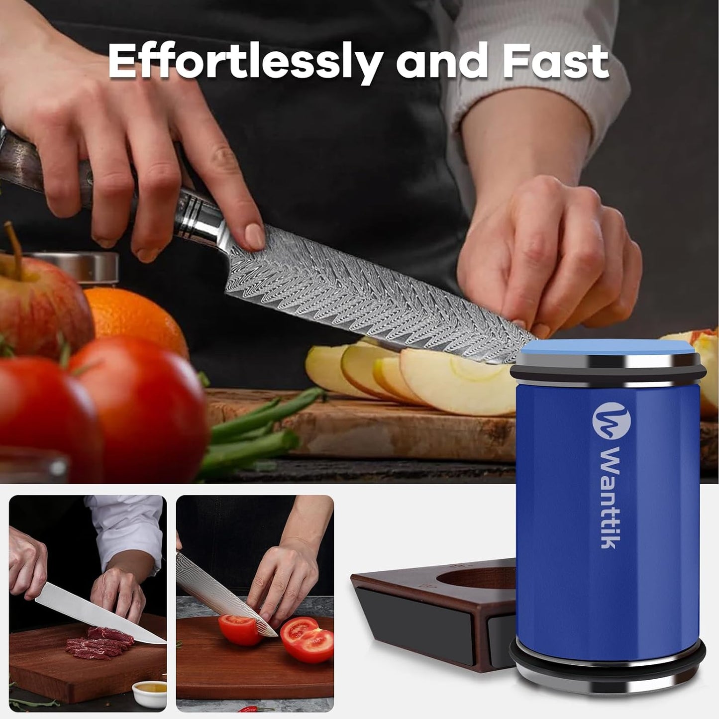 Rolling Knife Sharpener Kit, Upgraded Roller Knife Sharpener with Leather Strop for Kitchen Knives, 4-Disc Rolling Stone Sharpener with 15&18&20&22 Degree Sharpening, Blue