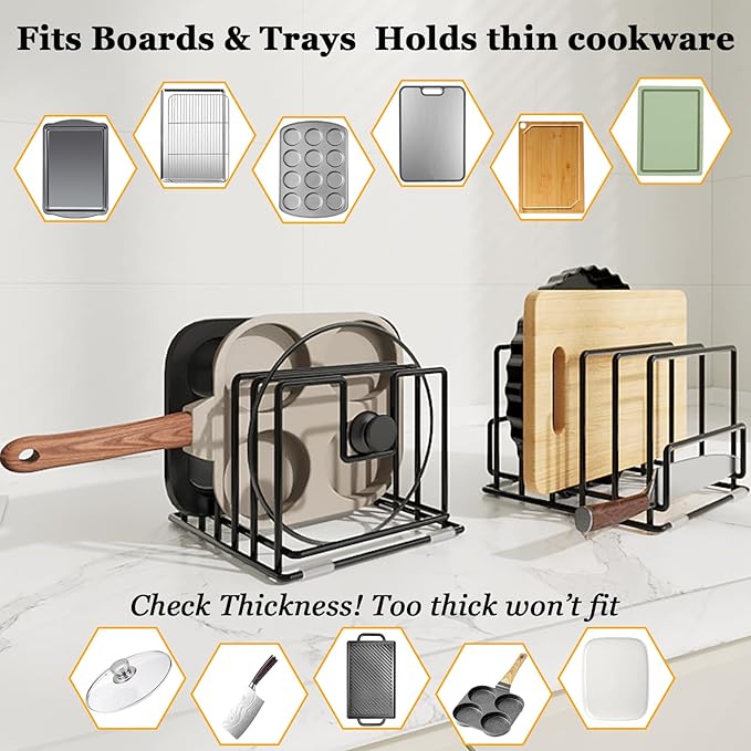 2 Pack Cutting Board Organizer and Pot Lid Holder, Kitchen Cabinet Organizer Rack with 7 & 5 Compartments, Heavy-Duty Iron Baking Sheet Pan Organizer with Non-Slip Base, Space-Saving Kitchen Storage