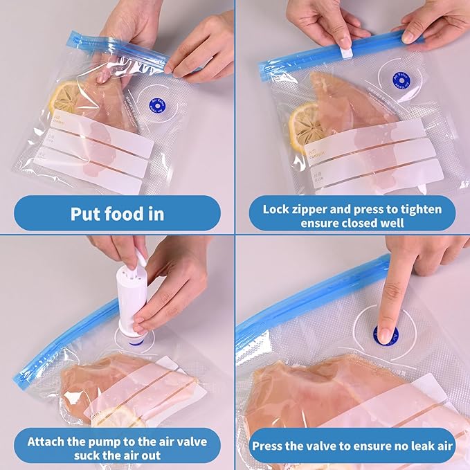 Sous Vide Bags, 20 PCS 10"X11" Reusable Vacuum Seal Bags for Food,Vacuum Zipper Sealer Bag with Hand Pump, Sous Vide Cooking,Freezer Safe,Microwave Heating and Food Storage