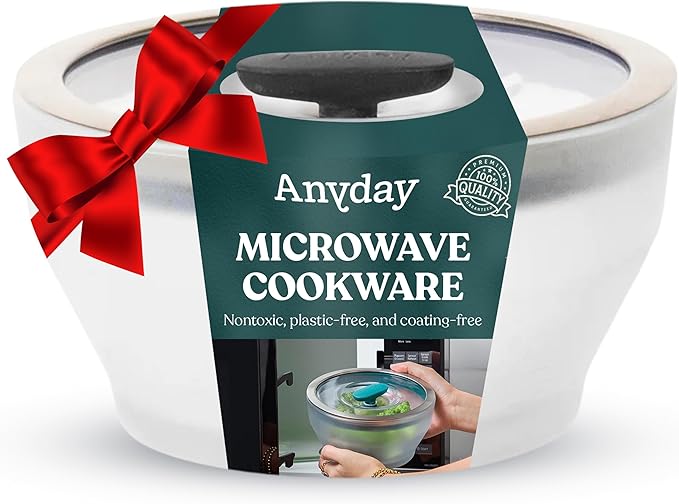 Anyday 4-Cup Microwave Cookware & Glass Container with Glass Lid, Plastic-Free Deep Food Storage | Stackable Airtight Steamer with Vented Lid for Microwave-Safe Reheating, Steaming Vegetables & Rice
