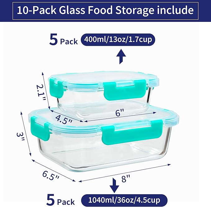 MFY 10-Pack Glass Storage Containers with Lids, Glass Meal Prep Containers Set, Airtight Lunch Containers with Lids, Microwave, Oven, Freezer and Dishwasher Safe, Green