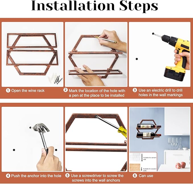 2Pcs Wall Mounted Wine Bottle Rack, Metal Hanging Wine Display Holder Organizer, Red Wine Racks for Home Kitchen Bar Decor Storage (Retro Brown BB)