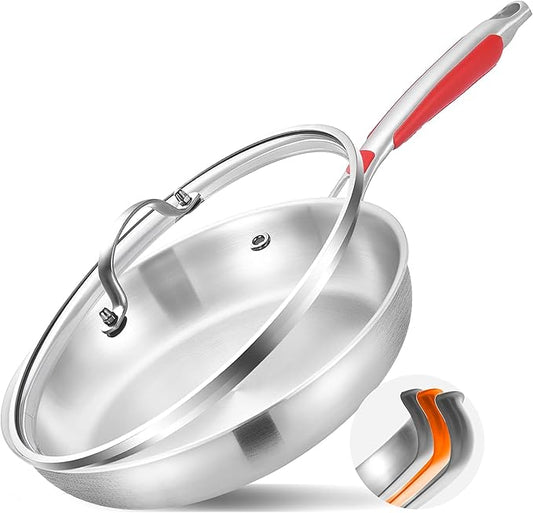Inqibee 12 Inch Tri-Ply Stainless Steel Frying Pan with Lid, Skillet, Induction Cooking Pan, Dishwasher Safe, Detachable Large Handle