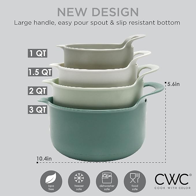 COOK WITH COLOR Nesting Plastic Mixing Bowl Set with Pour Spouts and Handles, Sage, 4 Piece Non-Slip