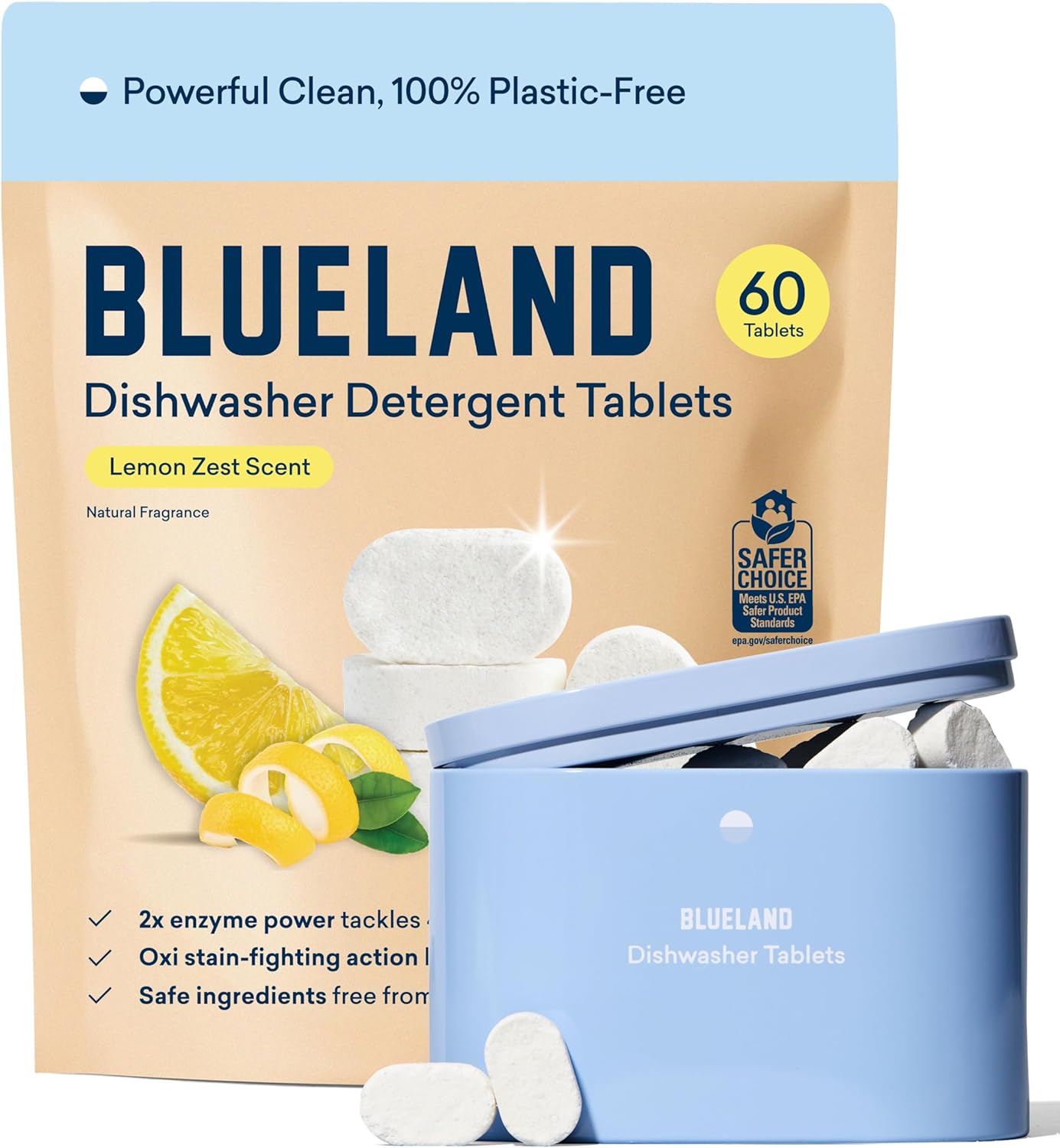 BLUELAND 100% Plastic-Free Dishwasher Detergent Tablets, Starter Set, 60 Count with Tin, Lemon Zest Eco Friendly Dishwashing Pods, Natural, Sustainable