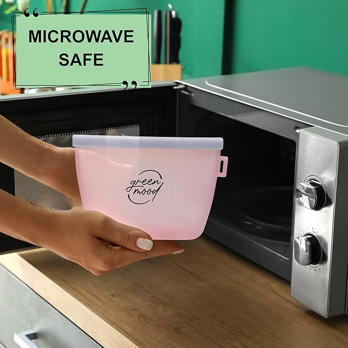 Green Mood Silicone Reusable Food Storage Bags with Organizer – 5 Pack (4 Sizes) – BPA-Free, Leakproof, Freezer & Microwave Safe – Eco-Friendly Bags with Plastic Storage Box for Kitchen & Travel