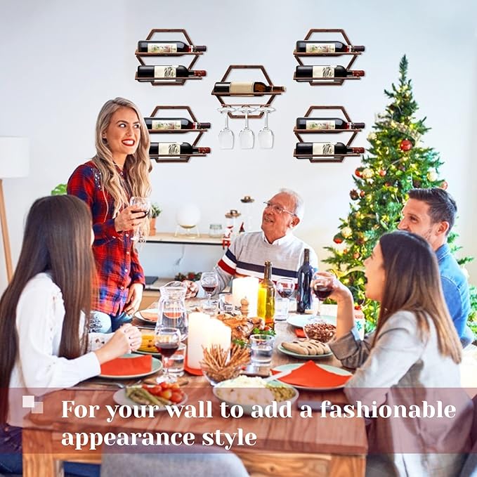 2Pcs Wall Mounted Wine Bottle Rack, Metal Hanging Wine Display Holder Organizer, Red Wine Racks for Home Kitchen Bar Decor Storage (Retro Brown BB)