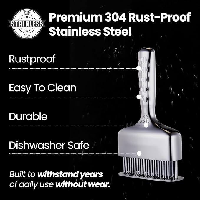 Meat Tenderizer Tool – Hassle Free Extra Long Handle, Rustproof One-Piece Meat Tenderizer Mallet & Hammer, Stainless Steel Blade Needle, Steak Cooking Accessories, No Assembly Needed, 5-Year Warranty