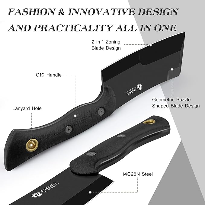 5.5 Inch Butcher Knife, 2-in-1 Chef & Meat Cleaver Knife with Sheath, Multipurpose Full Tang G10 Handle Kitchen Knives for Bone Chopping, 14C28N High Carbon Stainless Steel for Home and Outdoor