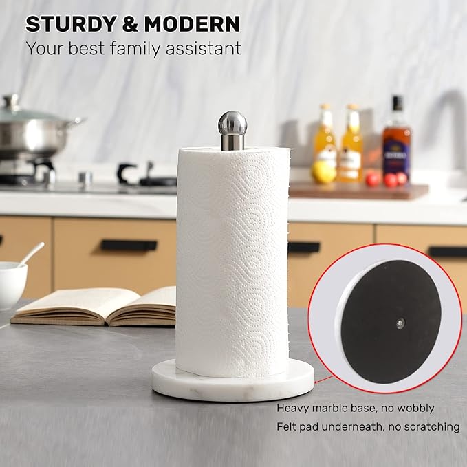 Paper Towel Holder with Sturdy Marble Base, Freestanding Paper Towel Holder Countertop, One-Handed Use, No Wobbly (Brushed Nickel)