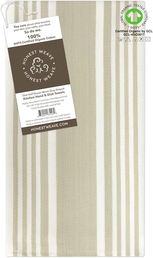 GOTS Certified Organic Cotton Kitchen Hand and Dish Towel Sets - Oversized 20x30 inches, Fully Hemmed, in Designer Colors, 6-Pack, Warm Gray/Taupe Stripe