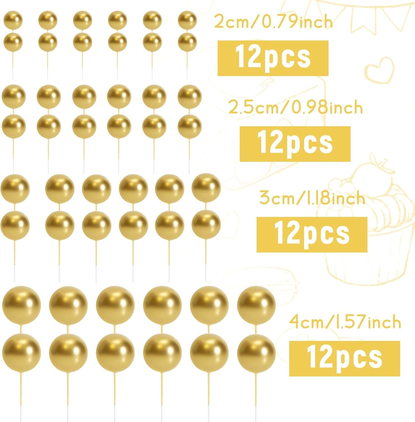 48 Pcs Gold Balls Cake Topper Decorations Balloon Cupcake Toppers Foam Cake Topper Balls Cake Balls Decorations for Birthday Party Wedding Anniversary Cake Decorating
