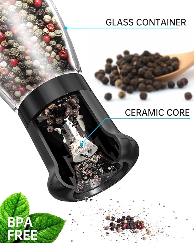 CIRCLE JOY Manual Pepper Grinder, Spice Mill for Professional Chef, Refillable Pepper Shakers with Ceramic Blades, Adjustable Coarseness and BPA-free 180ml Glass Container, Tall Black