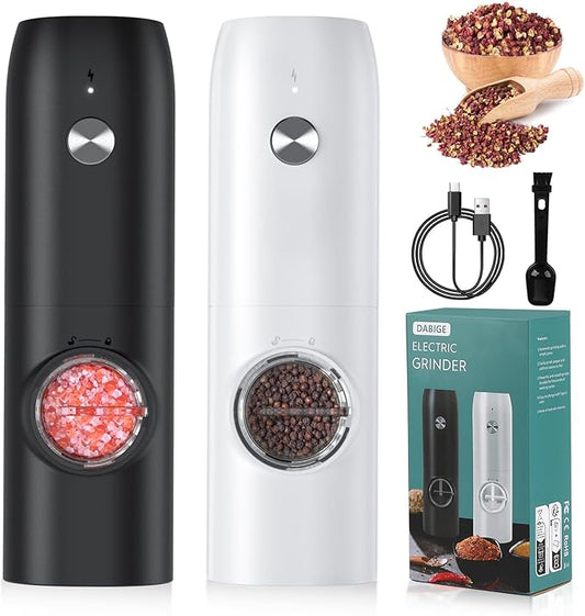 Electric Salt and Pepper Grinder Set (2 Pack), USB Rechargeable One Hand Operation, Adjustable Coarseness Mill Grinders Shakers LED Light, Automatic Pepper Grinder for Kitchen Gadgets Gifts