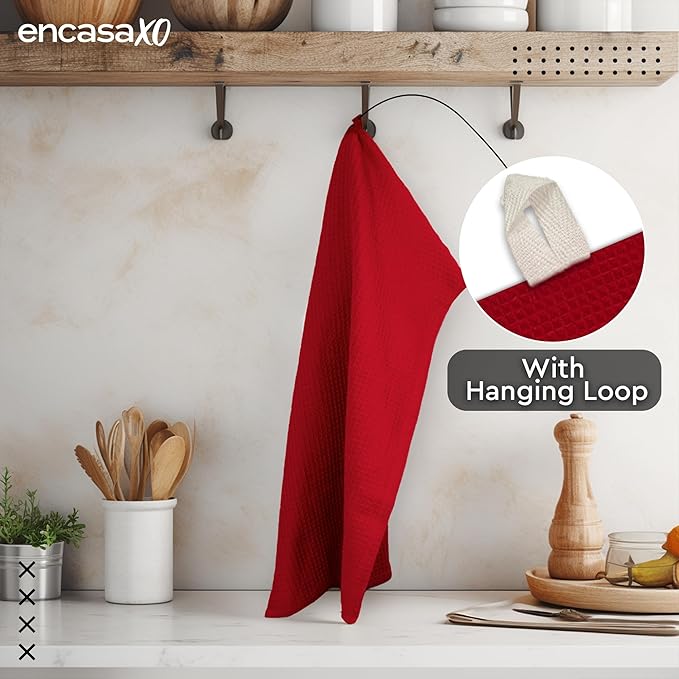 Encasa XO Kitchen Dish Towels Set | Red | Waffle Weave and Flat Hand Tea Towel | 28"x18" | Quick Drying Reusable Cotton Washcloths | Multipurpose Lightweight Dishcloths Set of 4