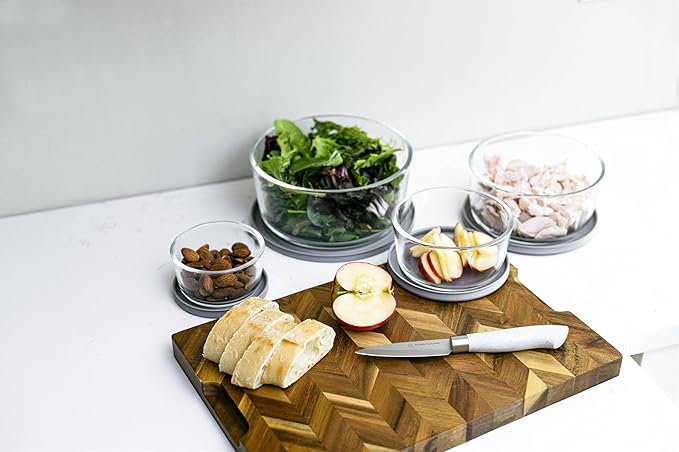 8-Piece Glass Food Storage Containers Set (4 Containers + 4 Lids) | Round, Nesting, Microwave & Dishwasher Safe | BPA-Free, Space-Saving | Grey Lids for Pantry & Kitchen Organization